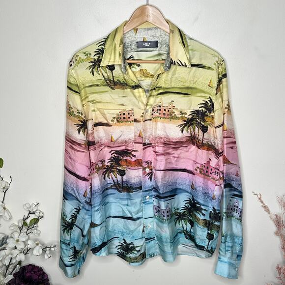 AMIRI Beverly Hills Hawaiian Long Sleeve Shirt Silk Rainbow Sz M {Q39} - Picture 4 of 8